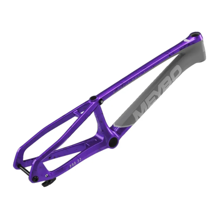 A purple and gray Meybo 2026 Carbon HSX Pro XXXXL BMX race frame with angular, lightweight carbon construction and fixed dropout design, shown isolated on a white background.
