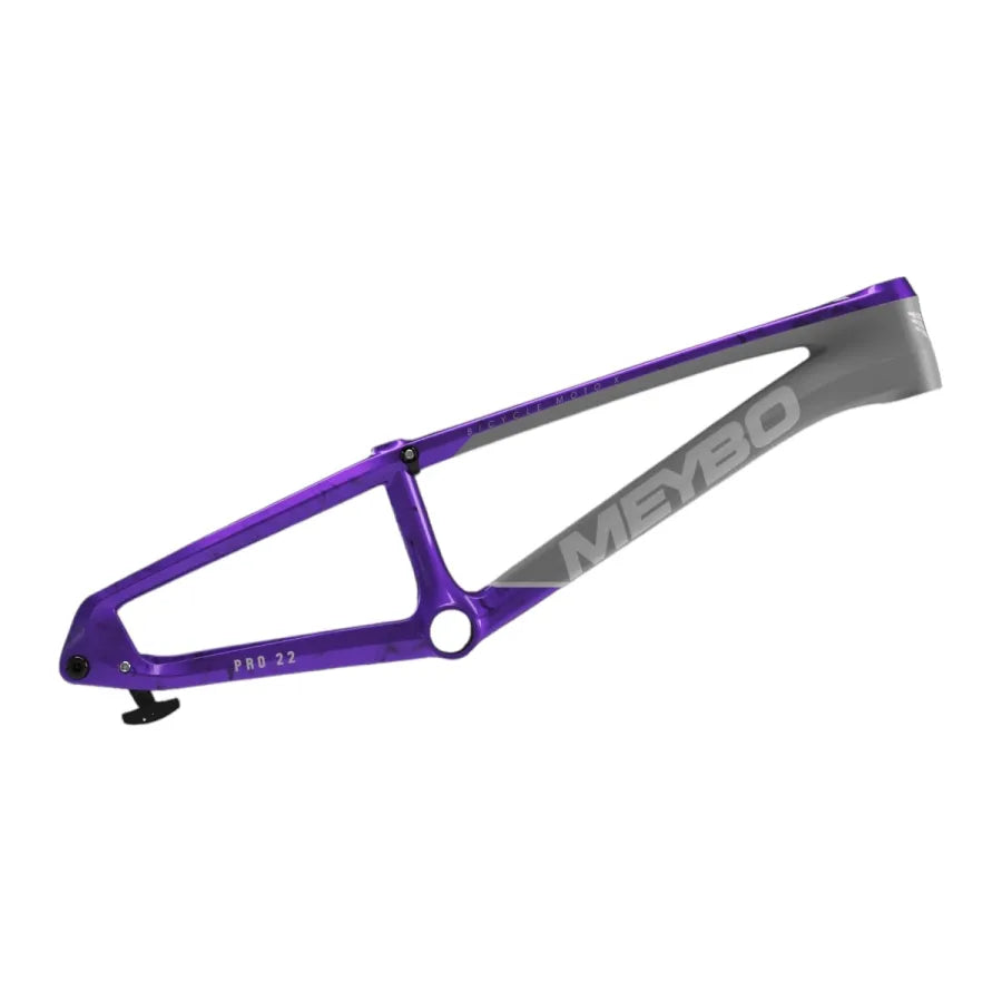Purple and silver Meybo 2026 Carbon HSX Pro Cruiser Frame, designed with BMX race engineering, displayed isolated on a white background.