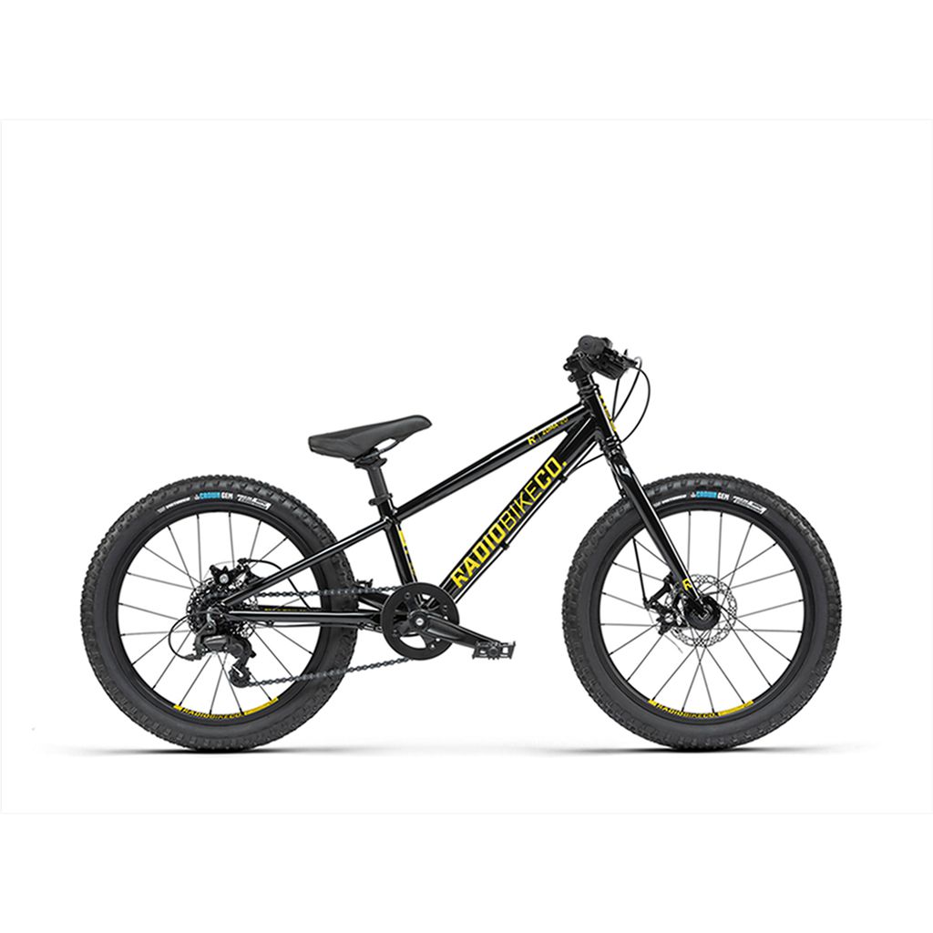 A black and yellow child-sized mountain bike with knobby tires, a small frame, and a single gear system. Suitable for off-road or mountain biking, this lightweight Radio 20 Inch Zuma Bike is perfect for young adventurers. Part of the Zuma range.