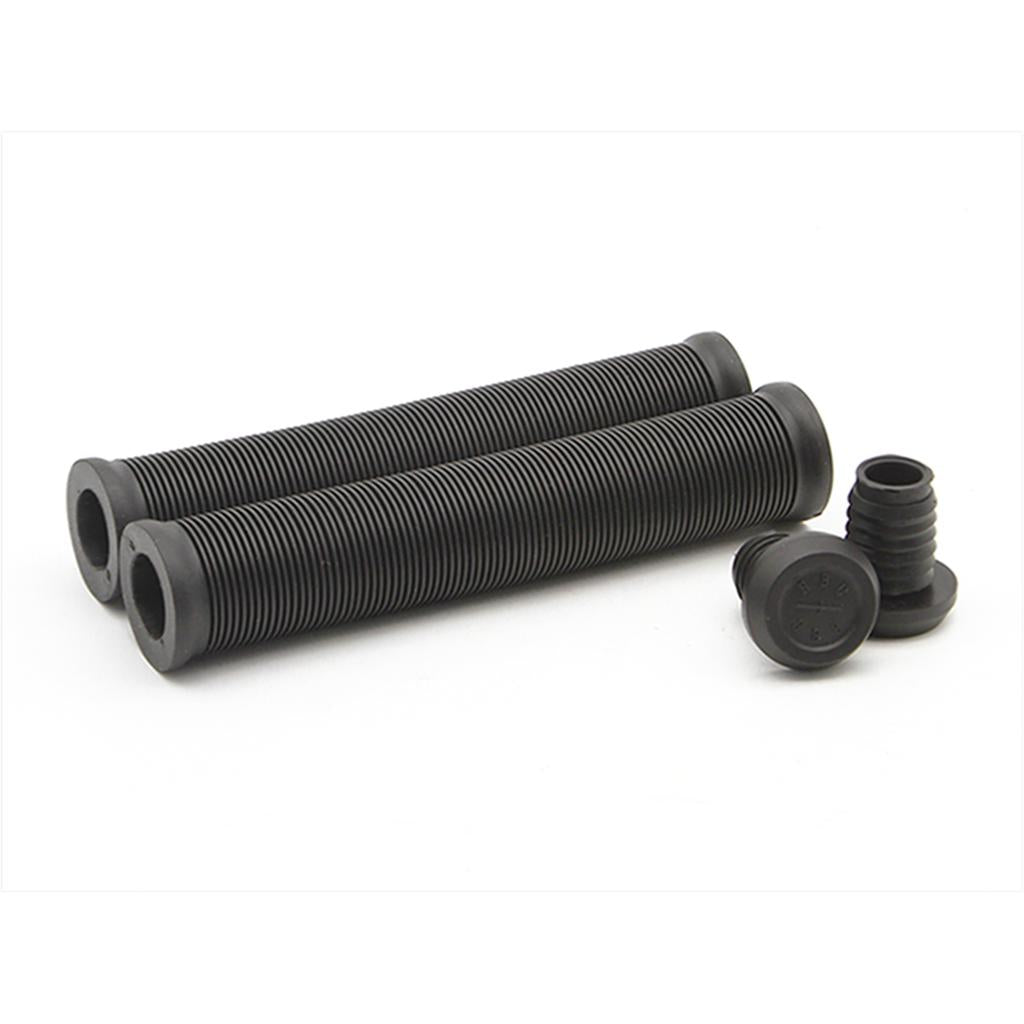 The Radio Login XL Grips, featuring two black grips with a ribbed profile and two Kraton rubber end caps, are showcased on a white background.