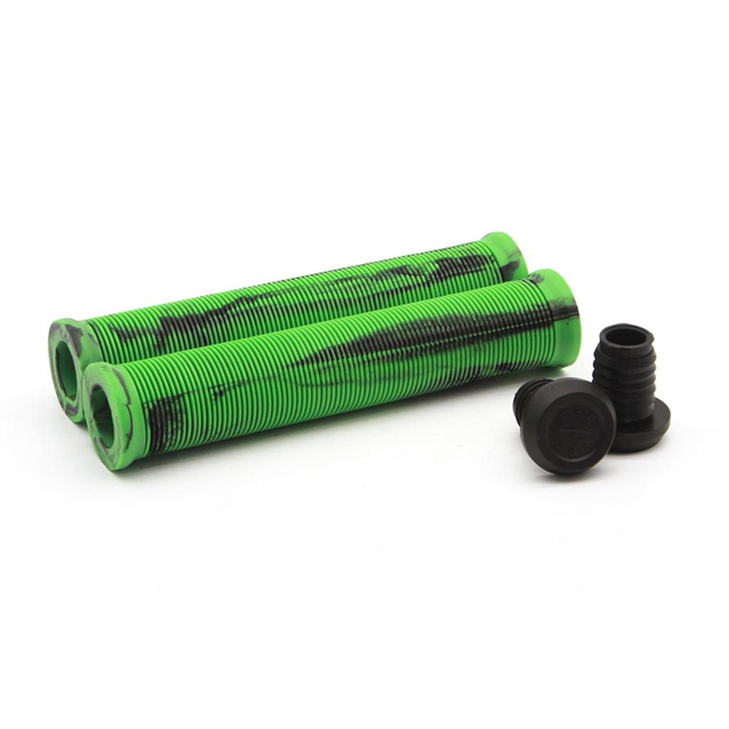 The Radio Login XL Grips feature two durable green and black striped Kraton rubber bicycle handlebar grips with a ribbed profile for enhanced grip, accompanied by two sleek black end caps.