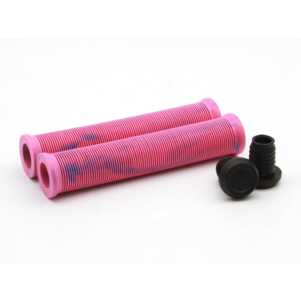 A pair of Radio Login XL Grips, which are pink ribbed bicycle handlebar grips with black end caps, made of durable Kraton rubber, displayed on a white background.