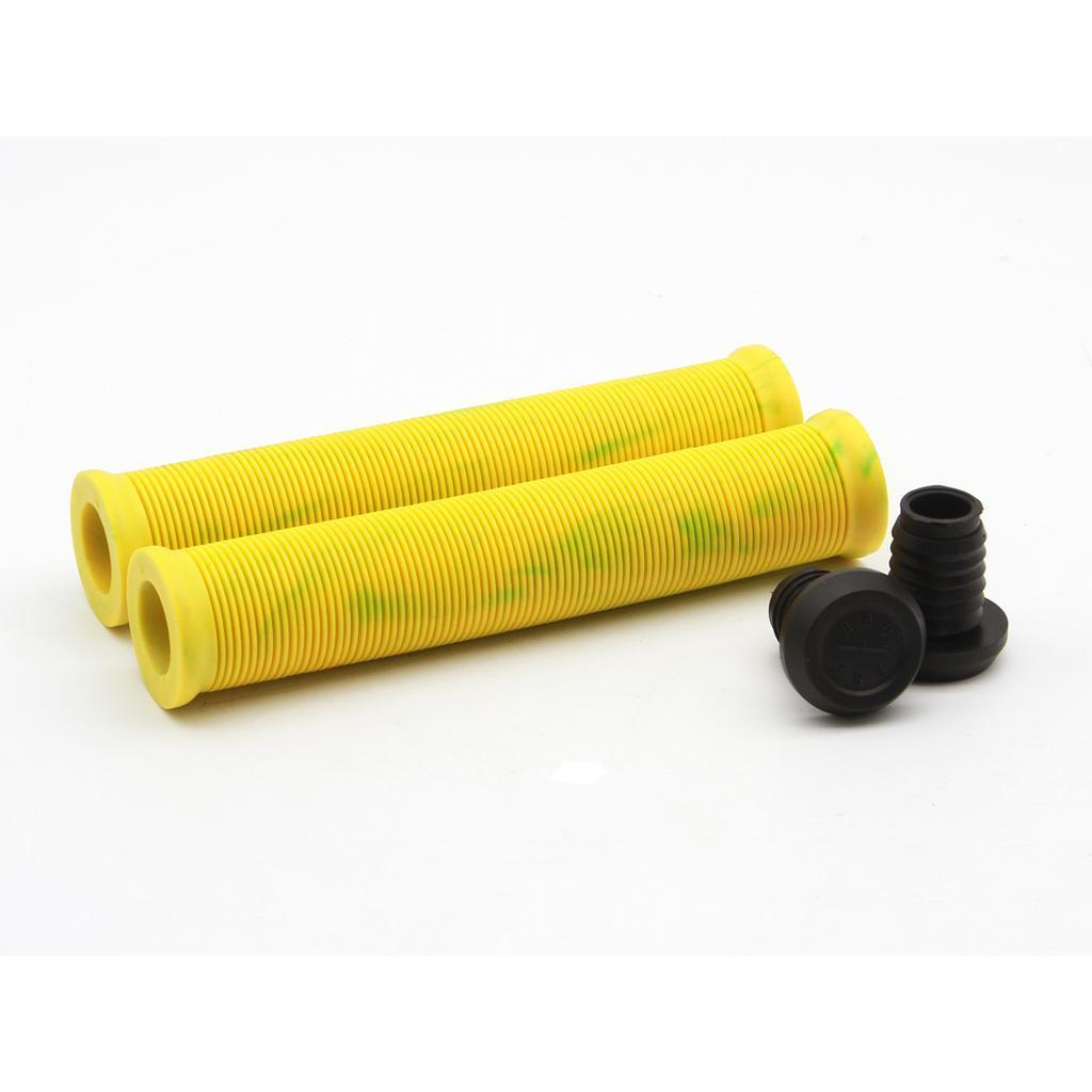 The Radio Login XL Grips feature two yellow ribbed rider grips made from durable rubber, with black end caps, displayed on a white background.