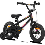 The Raven Trickster 12 Inch Bike is a small black beginners bike for kids, featuring training wheels, a black seat, pink and yellow frame lettering, and a reliable coaster brake. Shown on a white background.