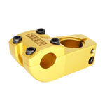 The Fiend Ransom Top Load Stem for BMX bikes features a gold anodized aluminum finish, 48mm reach, four black bolts, and engraved "FIEND" branding on top.