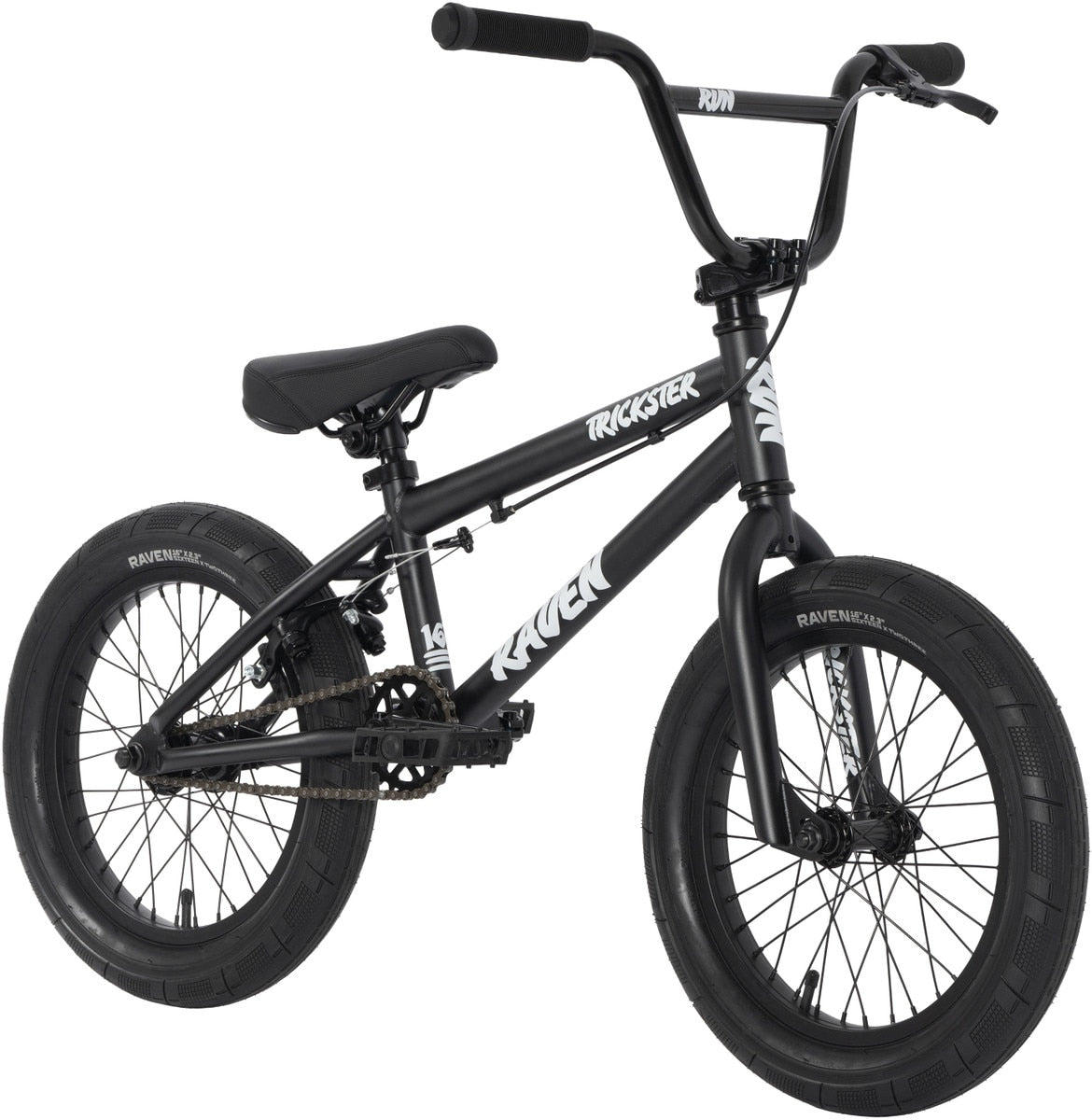The Raven Trickster 16 Inch Bike is black with thick tires, straight handlebars, chromoly cranks, and features white "Trickster" and "Raven" branding on the frame.