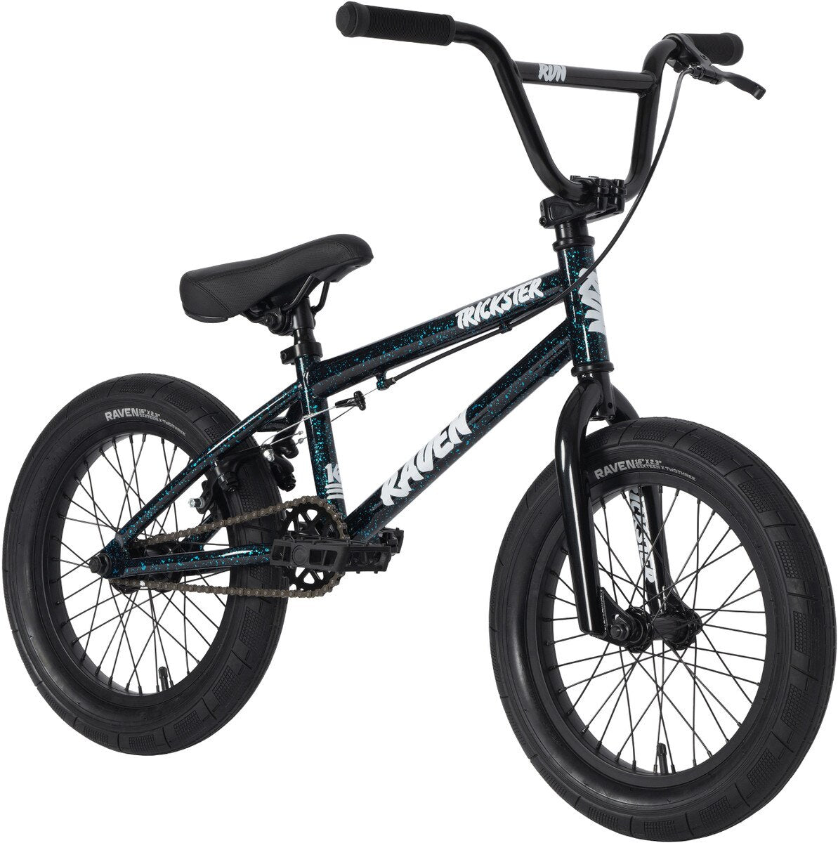 The Raven Trickster 16 Inch Bike is black, features thick tires, a padded seat, sealed bearings, and displays the "Raven" brand and "Trickster" model on its frame.