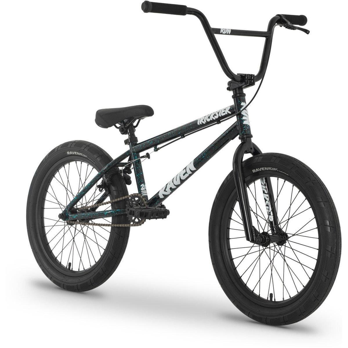 The Raven Trickster 20 Inch Bike, an entry-level BMX with thick tires, a padded seat, and straight handlebars, is displayed in black against a white background.