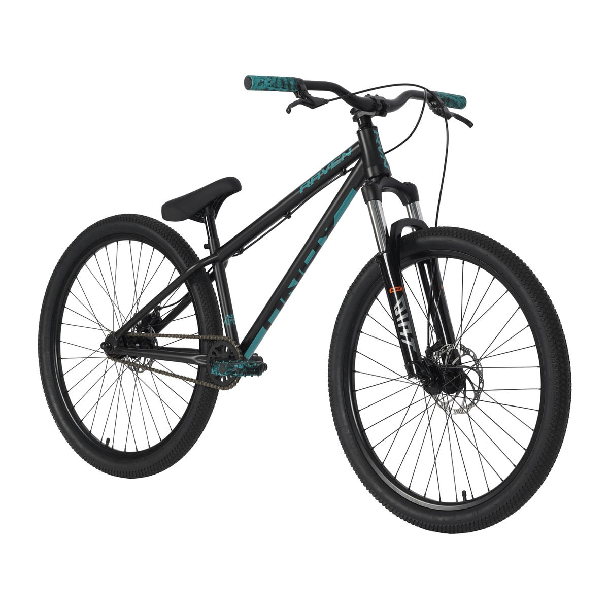 The Raven Onyx 26 Inch Dirt Jumper Bike features a tough chromoly frame, front suspension, disc brakes, flat pedals, and knobby tires in black and teal, displayed in a side view.