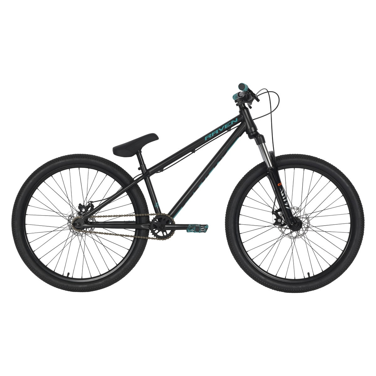The Raven Onyx 26 Inch Dirt Jumper Bike is a black single-speed BMX with a chromoly frame, front suspension, flat handlebars, and knobby tires, shown from the side against a white background.