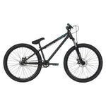 The Raven Onyx 26 Inch Dirt Jumper Bike is a black single-speed BMX with a chromoly frame, front suspension, flat handlebars, and knobby tires, shown from the side against a white background.
