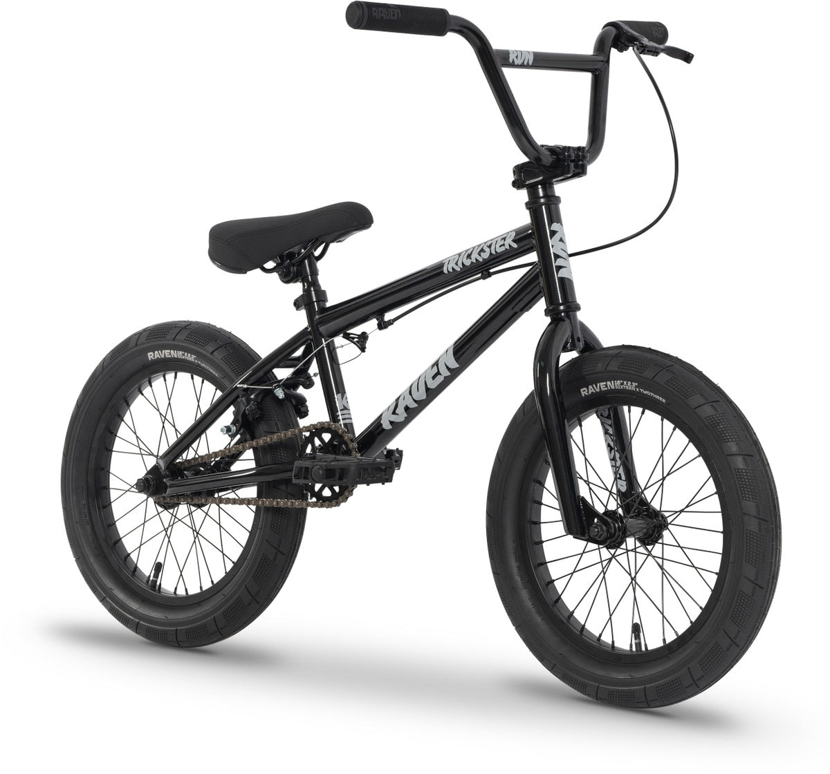 The Raven Trickster 16 Inch Bike, featuring thick tires, chromoly cranks, a padded seat, and high handlebars, is displayed in black against a white background.