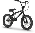 The Raven Trickster 16 Inch Bike, featuring thick tires, chromoly cranks, a padded seat, and high handlebars, is displayed in black against a white background.