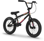 A black Raven Trickster 16 Inch Bike with thick tires, chromoly cranks, a padded seat, and colorful yellow and pink branding on the frame.