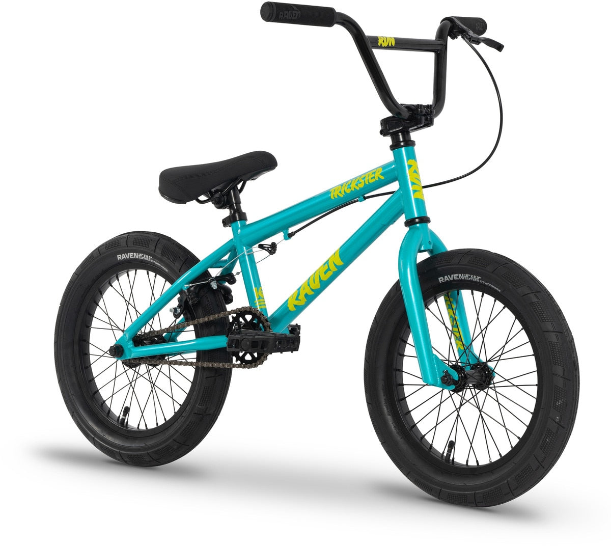 The Raven Trickster 16 Inch Bike features a teal frame with black wheels, seat, and handlebars, yellow "RAVEN" and "ROOSTER" branding, durable chromoly cranks, and double-wall rims for lasting performance.