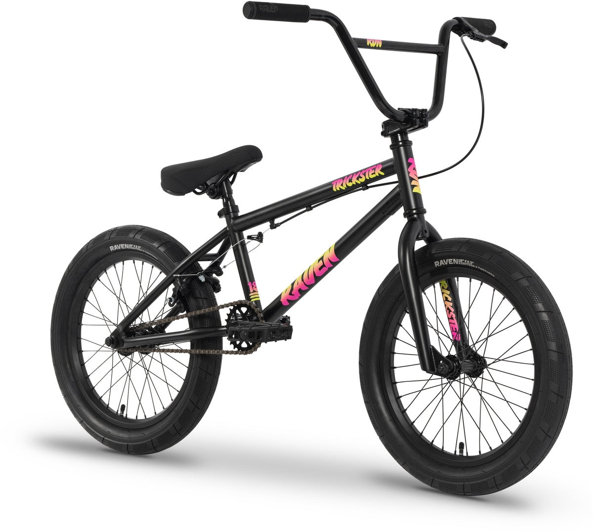 The Raven Trickster 18 Inch Bike features thick tires, chromoly cranks, a padded seat, and "RAVEN" and "ROOSTER" yellow and pink decals on its black frame.