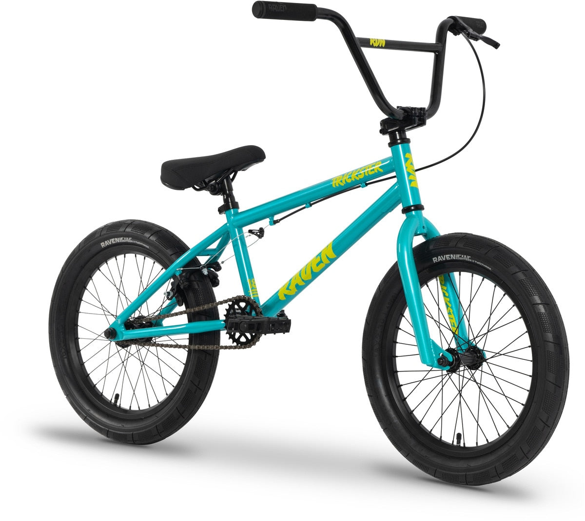 The Raven Trickster 18 Inch Bike is teal with black handlebars, seat, and tires, bold yellow "KAVEN" branding on the frame and fork, plus strong chromoly cranks for extra durability.