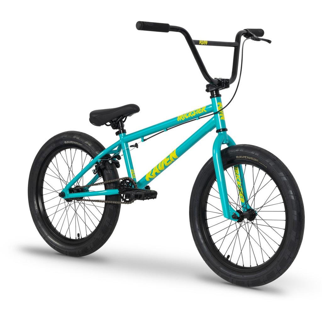 The Raven Trickster 20 Inch Bike is a teal and yellow entry-level BMX with black handlebars, seat, and tires, displayed against a white background.