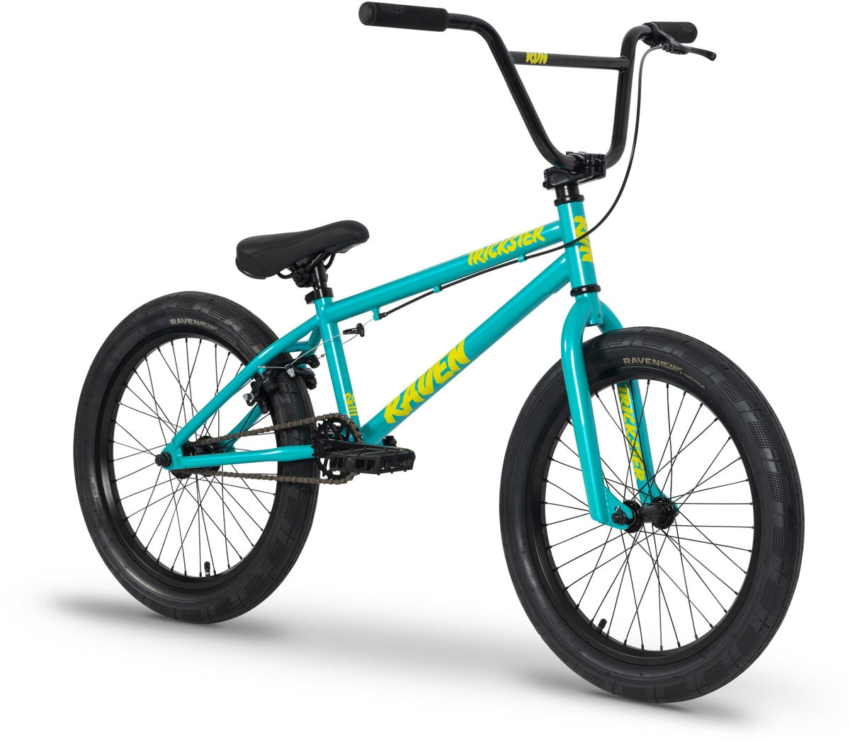 The Raven Trickster 20 Inch Bike is a teal and yellow entry-level BMX with black handlebars, seat, and tires, displayed against a white background.