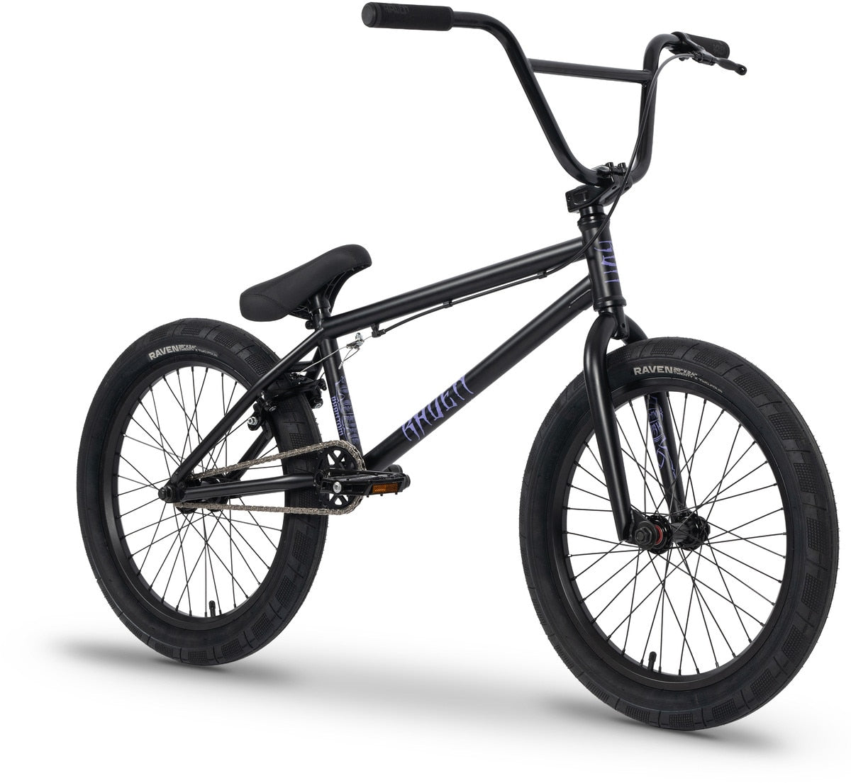 The Raven Phantom XL 20 inch Bike features thick tires, a padded seat, high handlebars, and a sturdy chromoly frame—ideal for beginner BMX riders—shown on a white background.