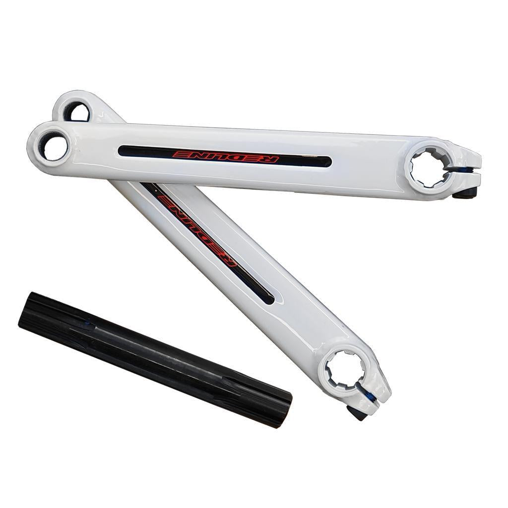 Two white Redline Flight Cranks with a black and red "ENDLINE" logo, arranged overlapping beside a separate black plastic part—perfect as a replacement BMX crankset or for upgrading your Redline Flight Tubular Cranks.