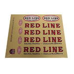 Redline Retro 1976 Squareback Decal Set—sheet of red and black "Redline" stickers in oval and rectangular designs, perfect for Redline rig restoration. Some decals feature "Chatsworth, California.