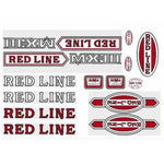 The Redline Retro MX3 Frame Decal Set features vintage-inspired "RED LINE" logo stickers in red and black, including arrows, rectangles, and ovals reminiscent of classic BMX and Redline MX-III decals.
