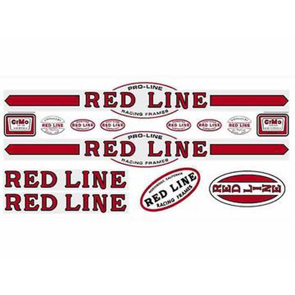 Redline Retro Proline Early Frame Decal Set features decals in various shapes, sizes, and orientations with bold red and white colors and text.