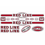 Redline Retro Proline Early Frame Decal Set features decals in various shapes, sizes, and orientations with bold red and white colors and text.