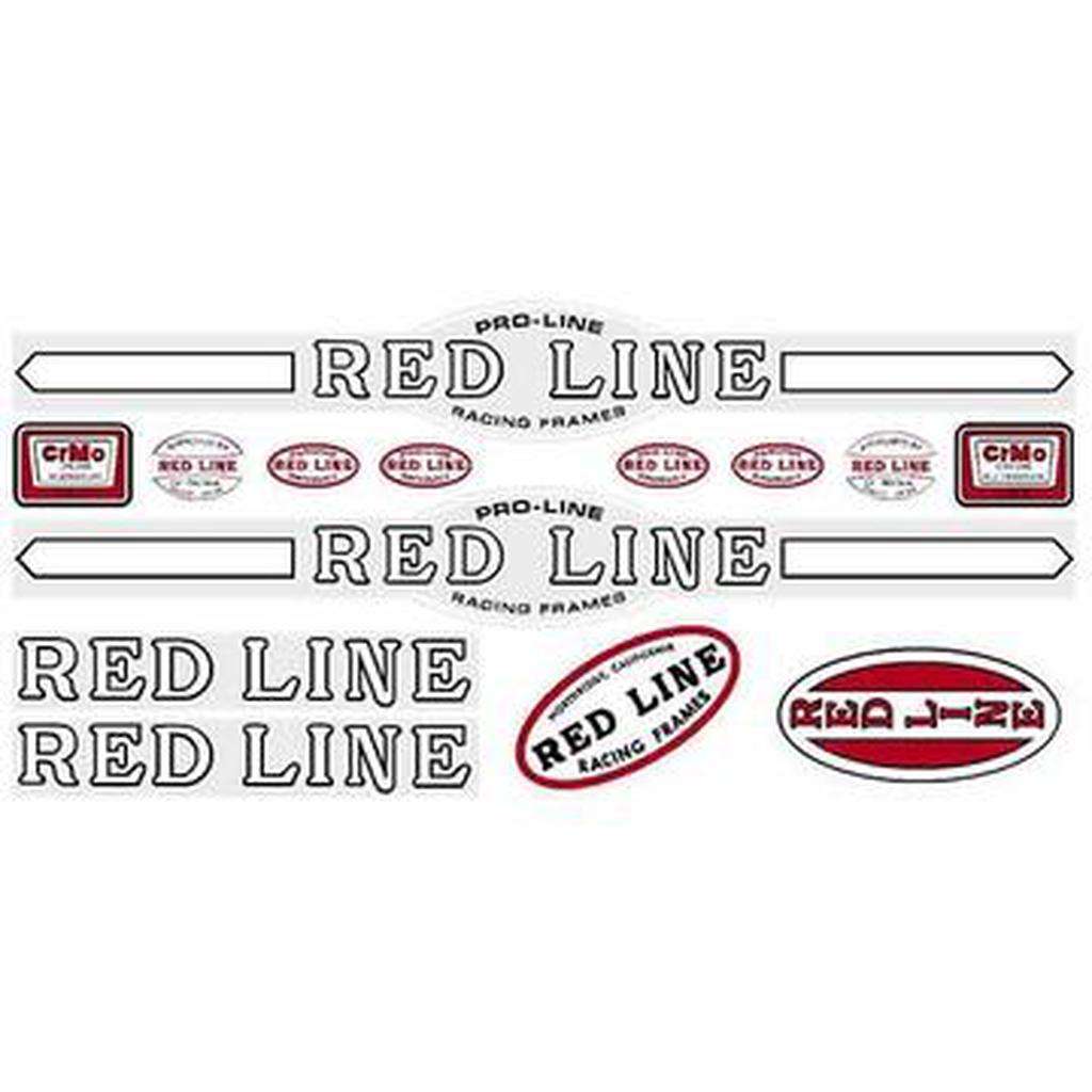 A set of Redline Retro Proline Early Frame Decals featuring various Redline logos and stickers in different shapes, sizes, and styles on a white background.
