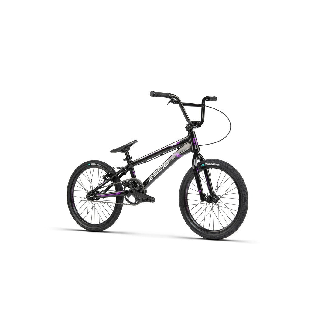 A black and purple Radio Xenon Pro race bike with a disc brake.