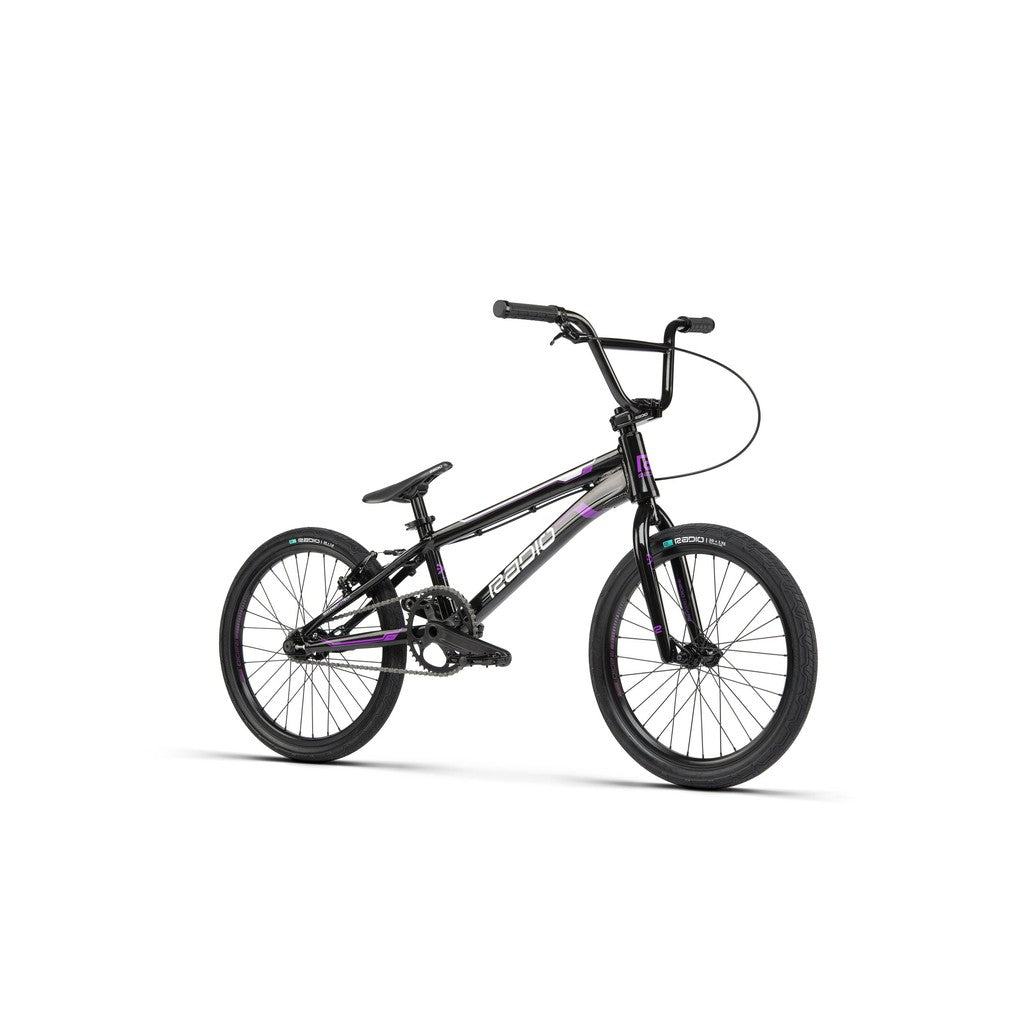 A black and purple Radio Xenon Pro XL Bike on a white background.