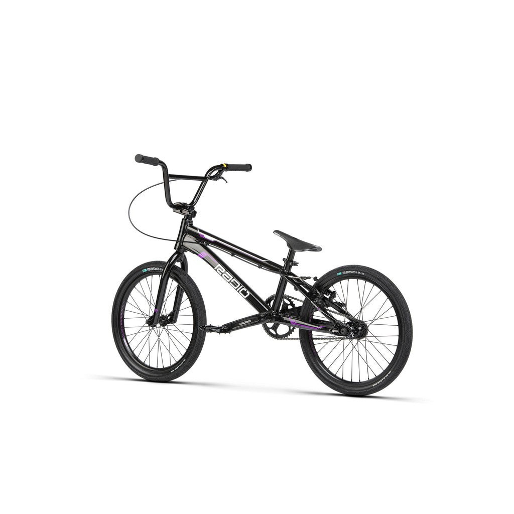 A black and purple Radio Xenon Pro Bike on a white background.