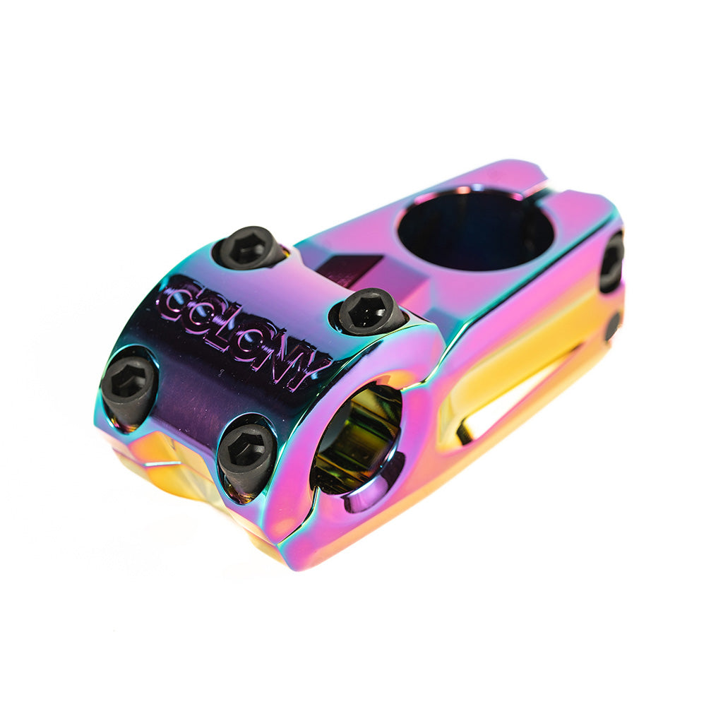 A Colony Variant 52mm BMX Stem, featuring a rainbow-colored design on a white background.