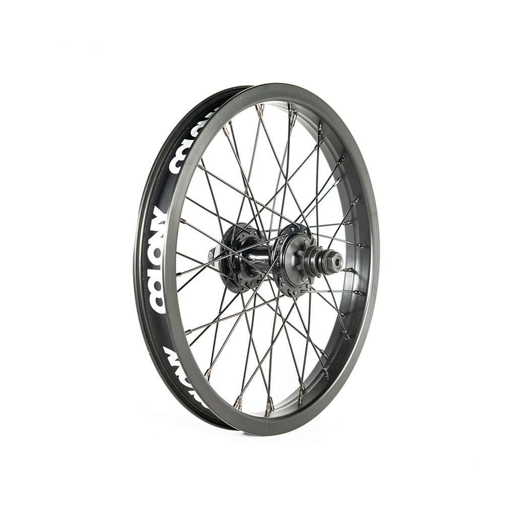 A black spoked Colony Pintour 18 Inch Rear Wheel, specifically a rear wheel used for BMX bikes, on a white background.