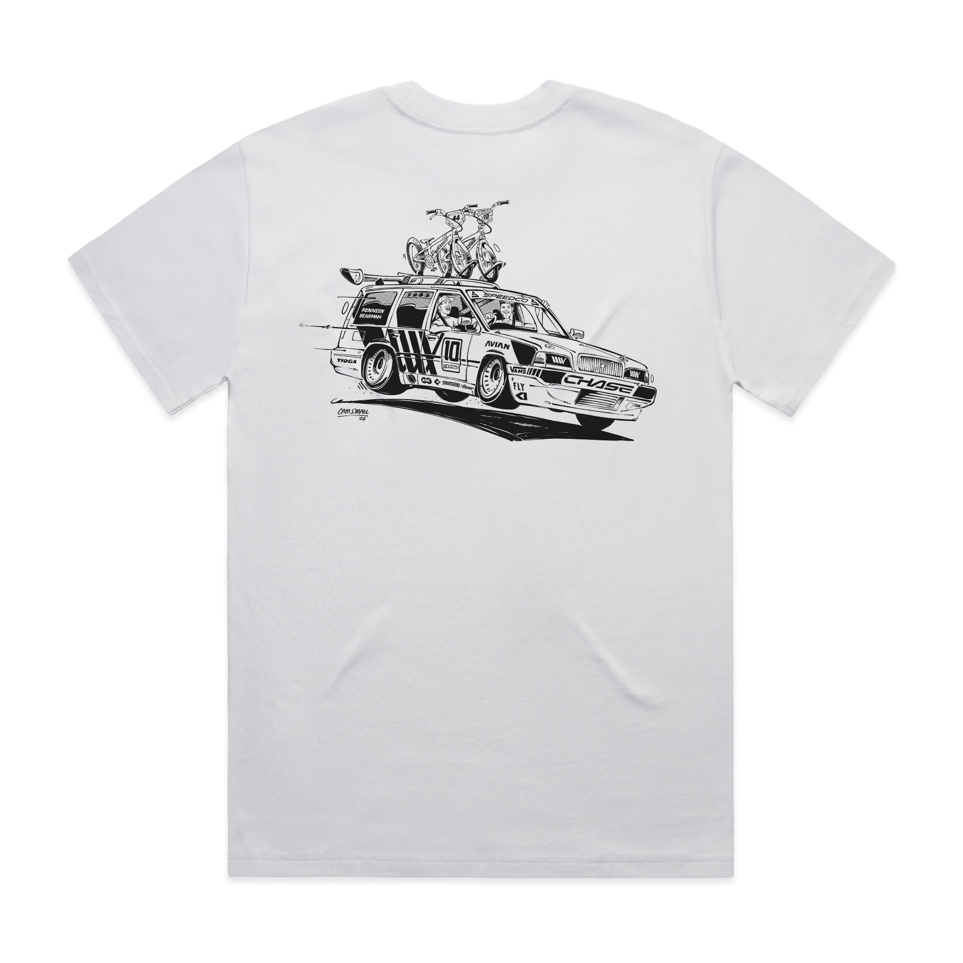A LUXBMX Izaac X Rico Tee with a hand drawn print of a car on it.