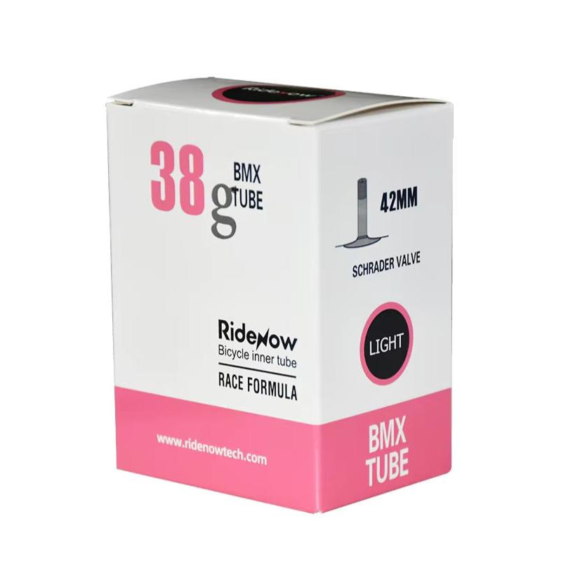 Box of RideNow TPU ultra-lightweight 20-inch inner tubes with a Schrader valve (car valve), labeled "38g," "Race Formula," and "Light.