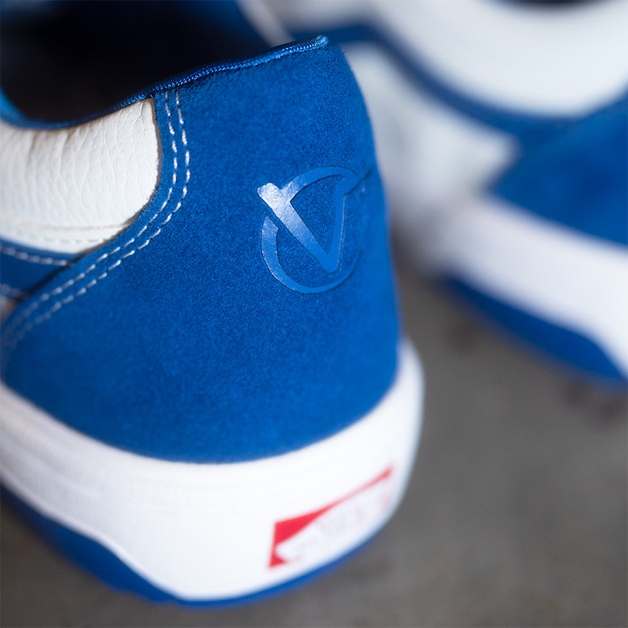 A close up of a blue and white Vans Rowan 2 skate shoe from the True Blue/White collection, providing impact protection.