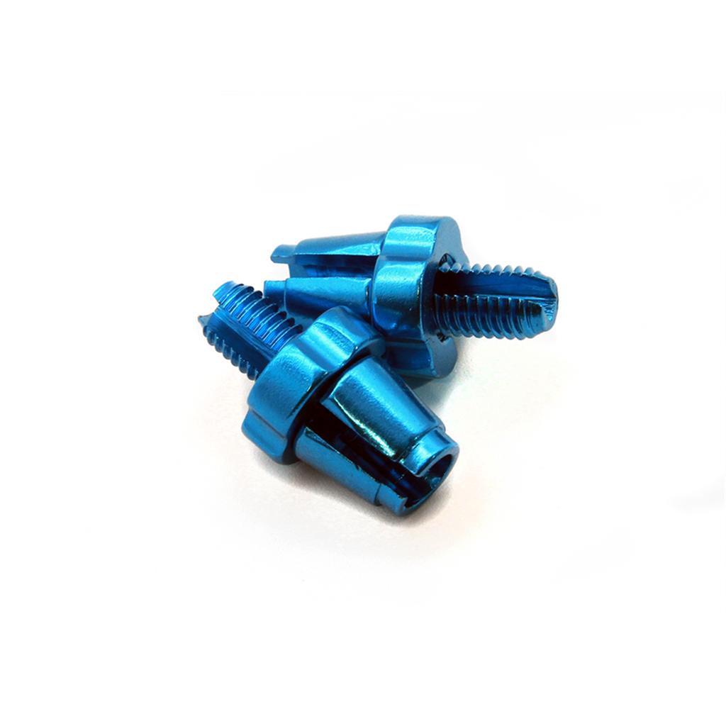 Three Salt M7 Brake Cable Barrel Adjusters, made of metallic blue 6061-T6 alloy and featuring threaded bolts, are arranged on a white background.