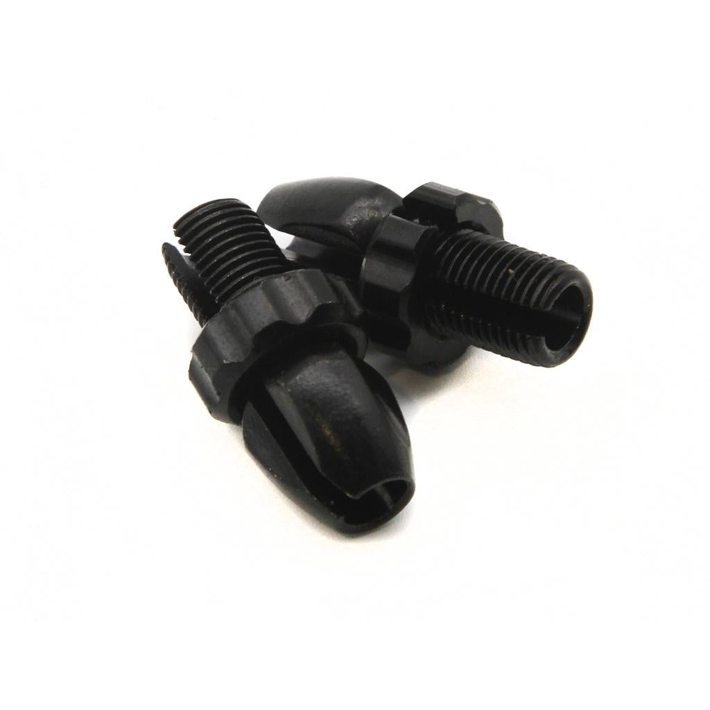 Two Salt M10 Brake Cable Barrel Adjusters in black alloy, featuring ridged mids and tapered ends, are displayed on a white background.