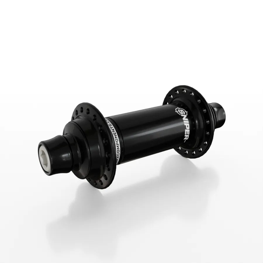 The SD-X Sniper Evo Air Expert 10mm Front Hub (28 Hole), a black BMX racing hub with dual flanges, is shown against a white background. It’s lightweight aluminium with titanium bolts for strength and reduced weight.