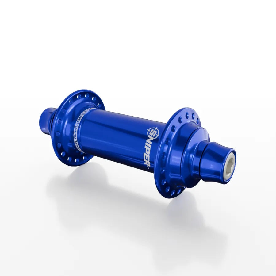 The SD-X Sniper Evo Air Expert 10mm Front Hub (28 Hole) is a lightweight blue anodized aluminum BMX front hub with titanium bolts and "SNIPER" branding, shown on a plain white background.