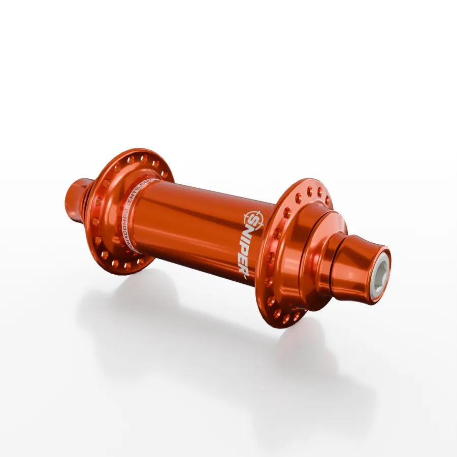 The SD-X Sniper Evo Air Expert 10mm Front Hub (28 Hole) is a lightweight red-anodized aluminium BMX hub labeled "SNIPER," featuring 28 spoke holes and titanium bolts, shown on a white background.