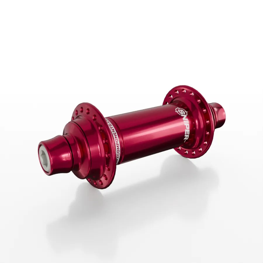 The SD-X Sniper Evo Air Expert 10mm Front Hub (28 Hole) is a lightweight red anodized aluminum BMX racing front hub with spoke flanges and titanium bolts, shown on a white background.