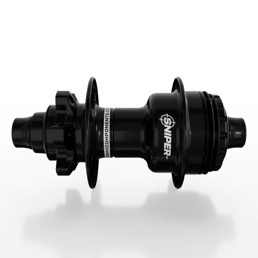 The SD-X Sniper Evo Air Expert 10mm Rear Hub (28 Hole), a black lightweight aluminum BMX rear hub with dual flanges, left-side disc brake mount, and visible branding for instant power transfer, is displayed on a white background.