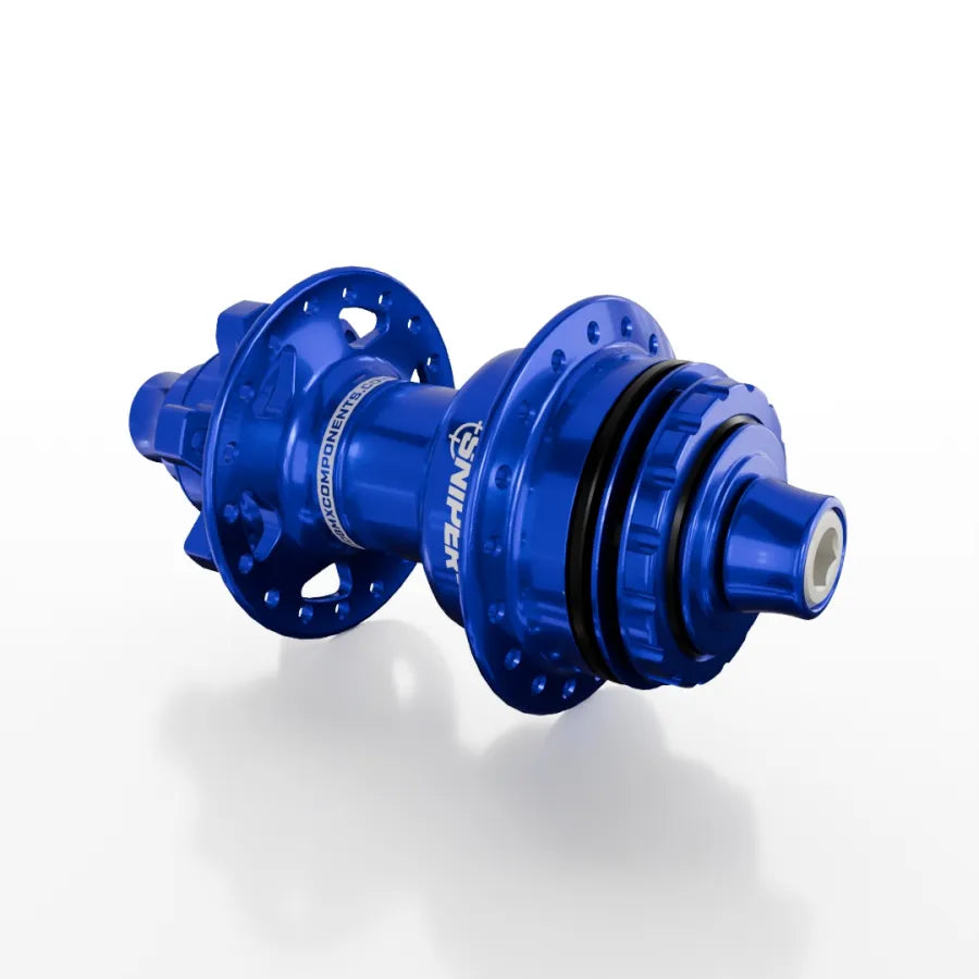 SD-X Sniper Evo Air Expert 10mm Rear Hub (36 Hole), blue anodized, lightweight with flanges and multiple spoke holes, shown on a white background.