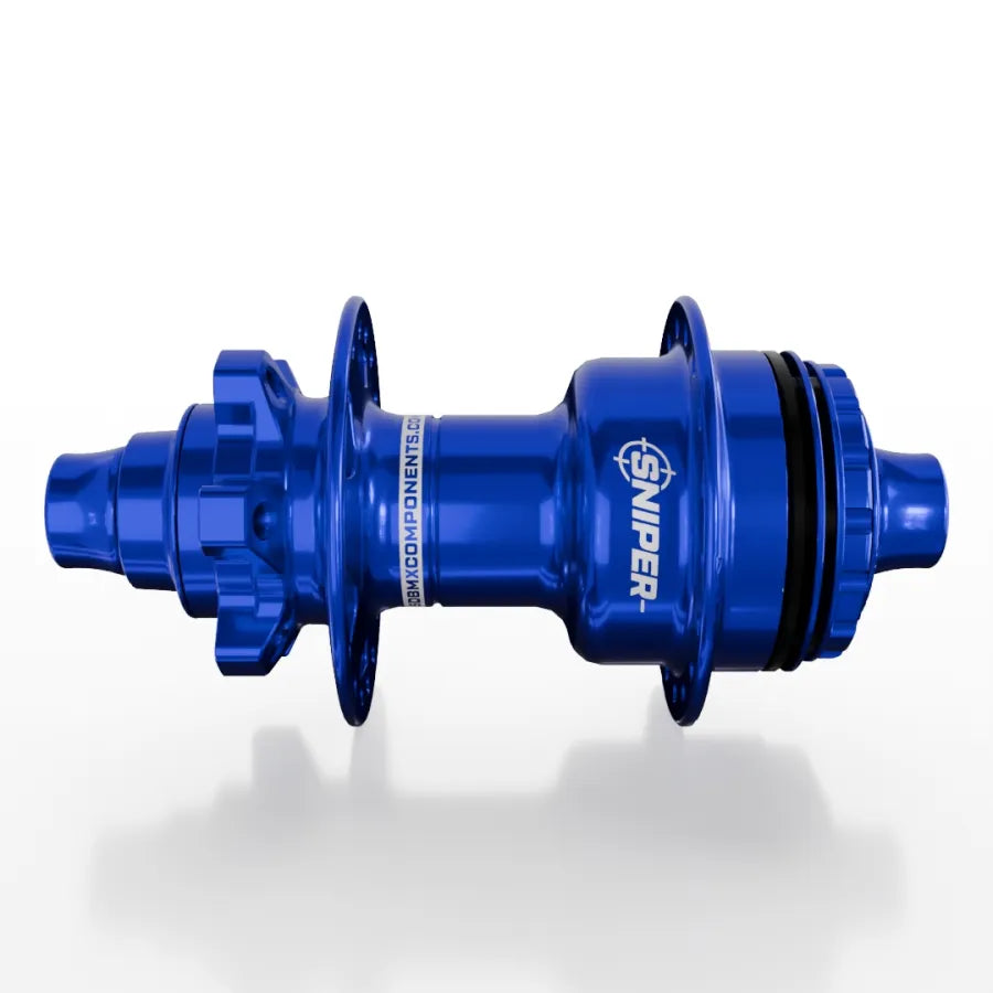 The SD-X Sniper Evo Air Expert 10mm Rear Hub (28 Hole), finished in blue anodized and displaying the Sniper logo, is displayed against a white background.