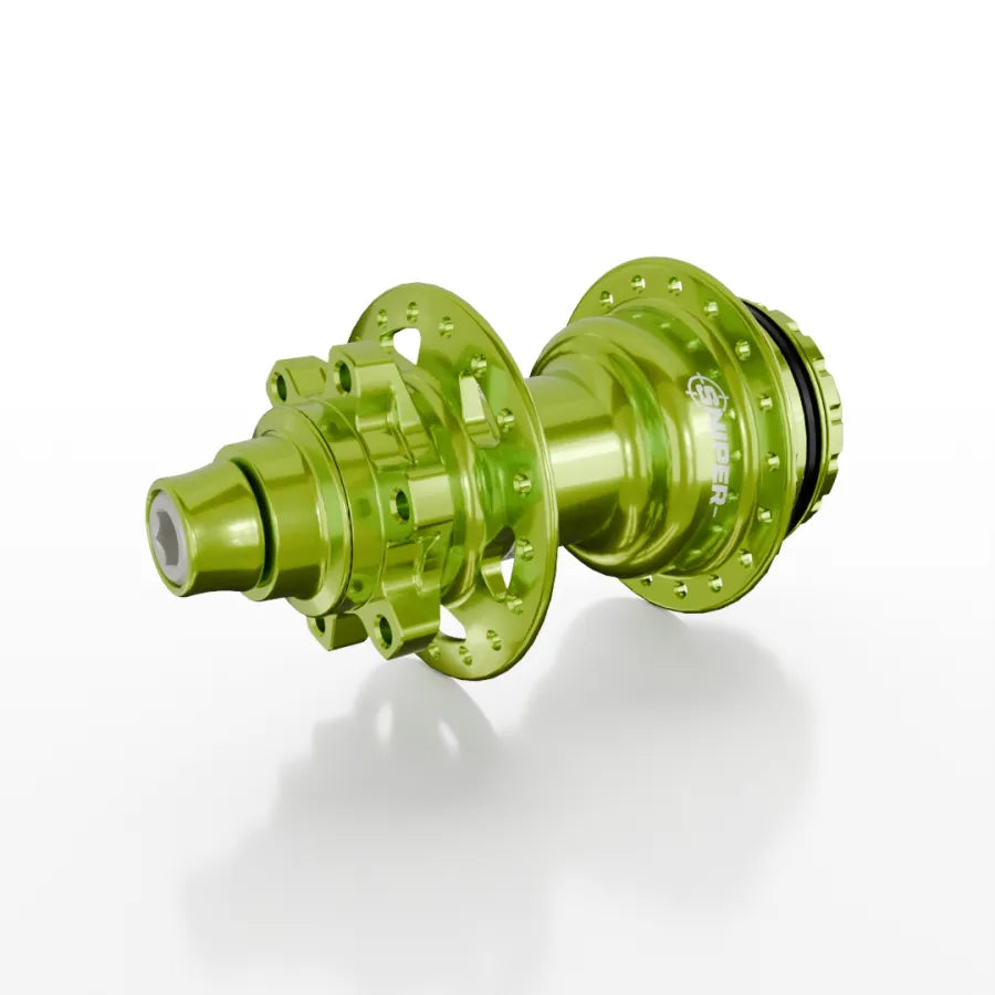 A green anodized SD-X Sniper Evo Air Expert 10mm Rear Hub (36 Hole) by SPINDEUR is shown on a white background, featuring a lightweight racing design with multiple spoke holes.
