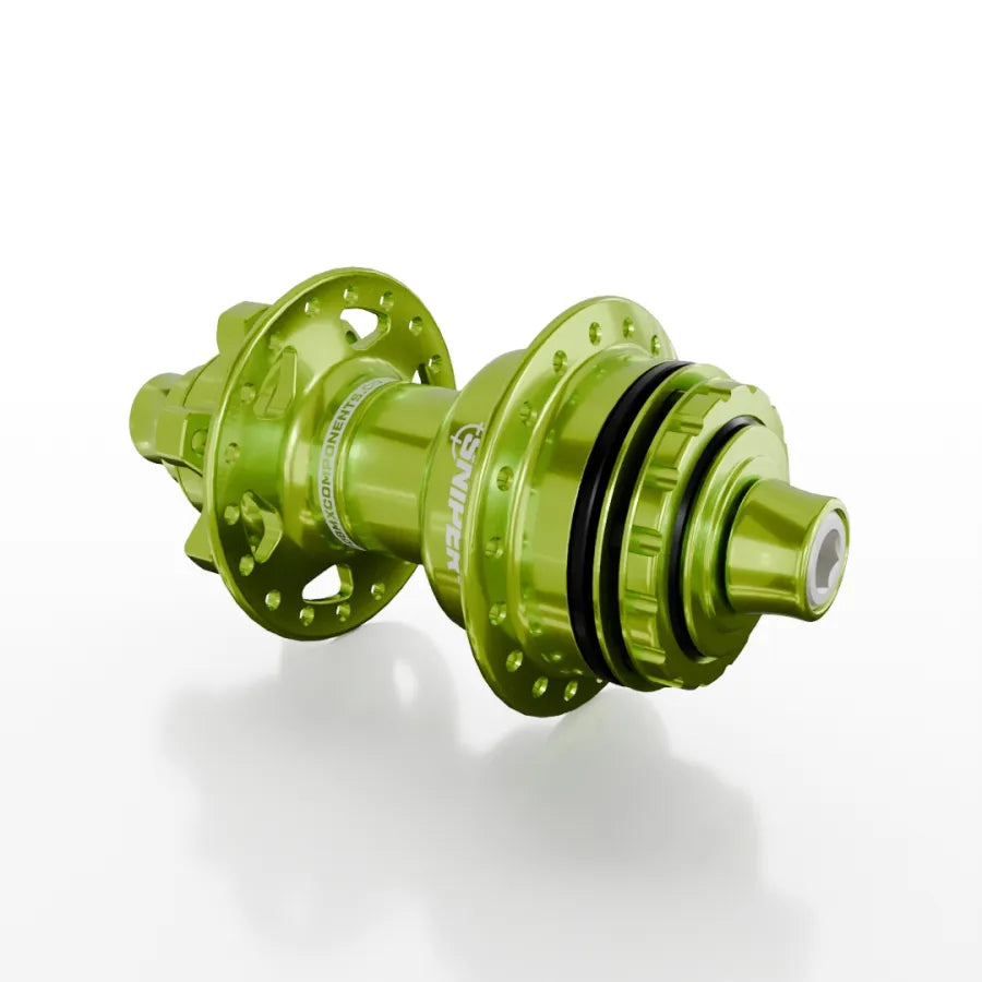 The SD-X Sniper Evo Air Expert 10mm Rear Hub (36 Hole) is a metallic green BMX rear hub designed for instant engagement and lightweight racing, with multiple spoke holes, shown against a white background.