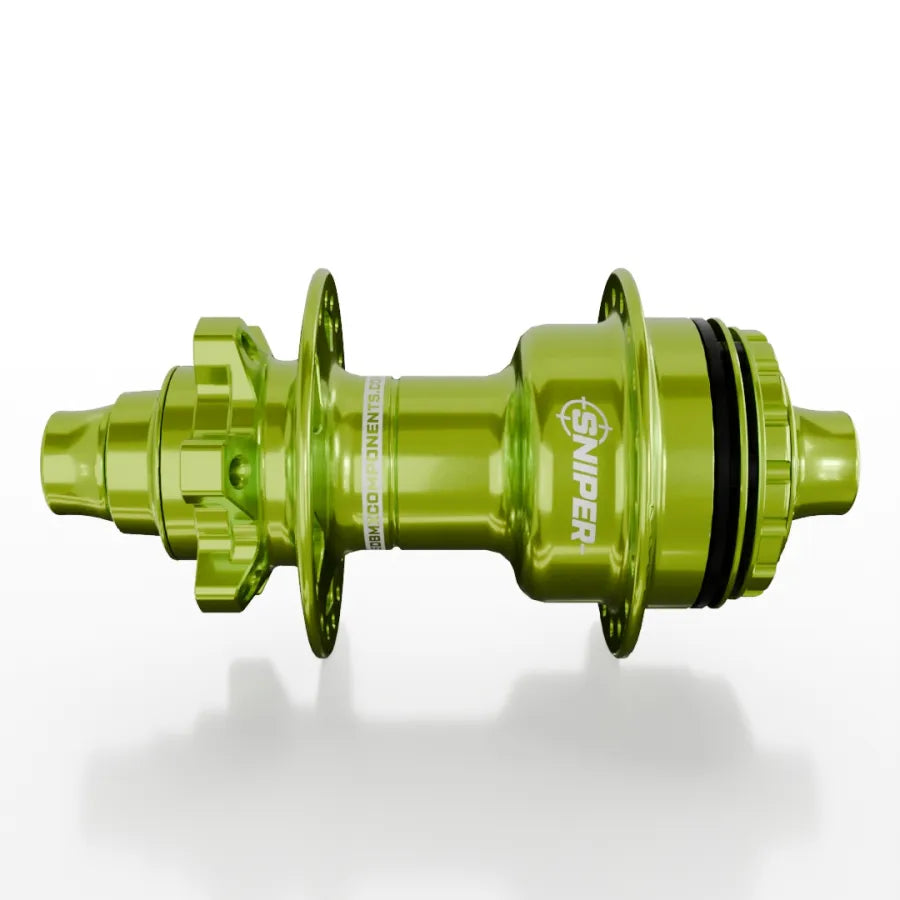 The SD-X Sniper Evo Air Expert 10mm Rear Hub (28 Hole), a green metallic BMX rear hub with "SNIPER" branding, multiple flanges, and instant engagement seals, is displayed against a white background.